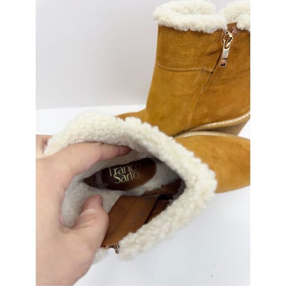 Franco Sarto Ankle Boots Size 8 Tan Leather Suede Shearling Wedge Heel Boots - Picture 7 of 9